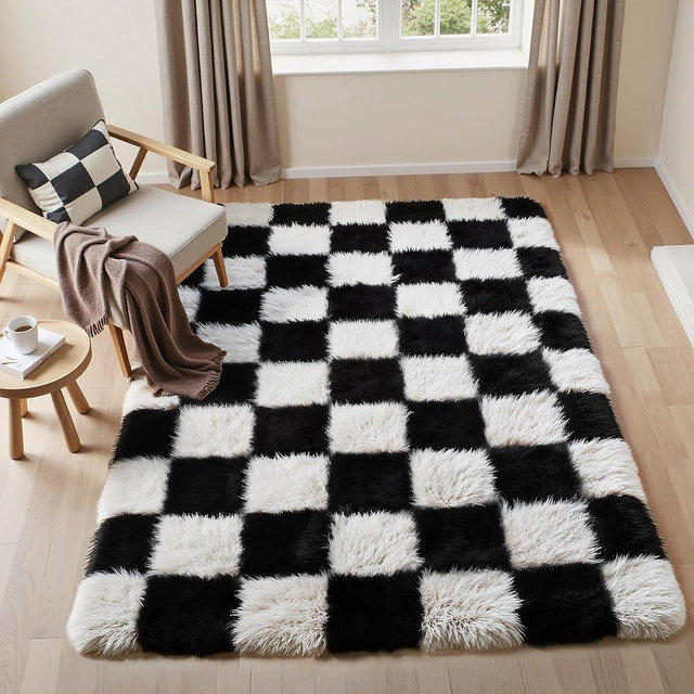 PureCozy Checkered Rug 3x5 for Living Room, Black and White Modern Shag Super Soft Washable Fluffy Rugs Indoor Fuzzy Carpet for Bedroom Home Dorm Aesthetic Decor