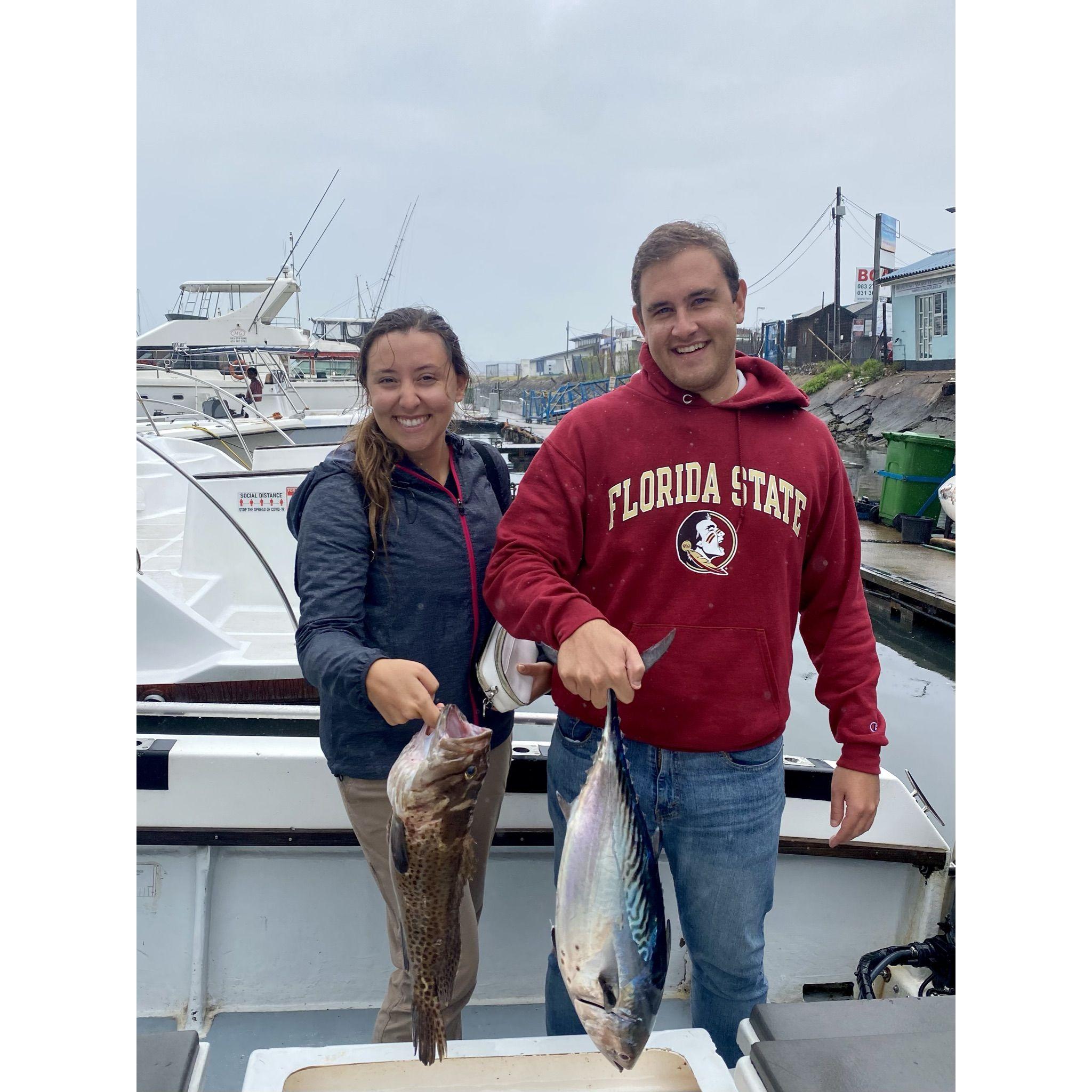 The couples first - but not last - deep sea fishing trip in Durban! Jordan caught a Grouper and Fred caught a Tuna! They brought home the fresh catch to Fred's family and enjoyed a seafood dinner that night!