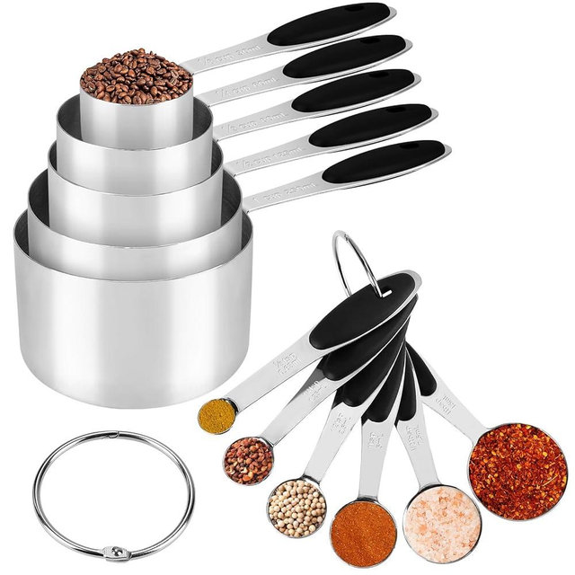 Accmor 11 Piece Metal Measuring Spoons Cups Set, Premium Stainless Steel Stackable Tablespoons Measurement kit, Kitchen Gadgets Cups and Spoon for Dry Liquid Ingredients Cooking Baking (Black Handle)