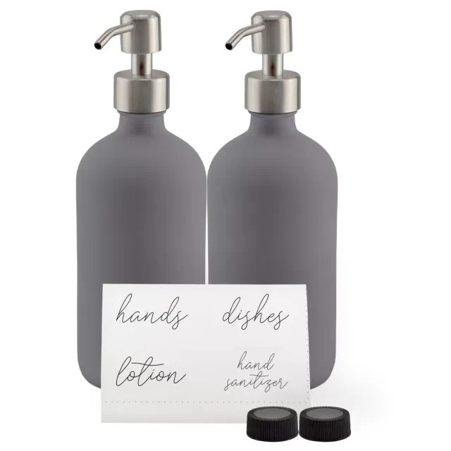 Cornucopia Brands 16oz Gray Pump Bottles 2pk; Gray Coated Glass Soap Dispenser Pump Bottles for Lotion, Hand Care & Liquid Soap