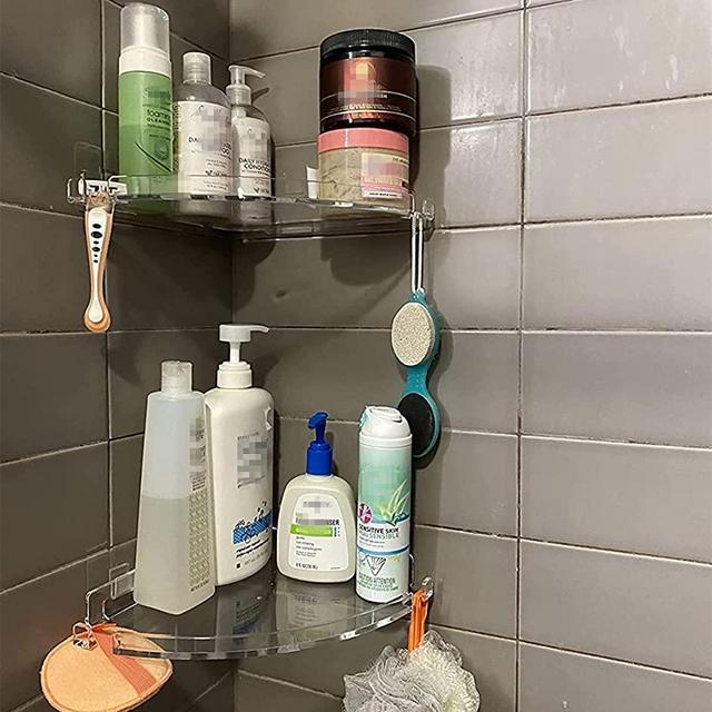 JiePai Acrylic Corner Shower Caddy Shelf with Hooks 2 pack, Adhesive Wall Mounted Bathroom Shower Shelf Organizer for Inside Shower & Kitchen Storage (Corner Shelf 2 Packs)