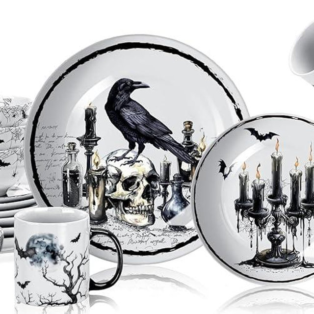 Pickmesh 16 Pcs Halloween Gothic Dinnerware Serve for 4 Guest Holiday Dinner Festive Collection Ceramic Kitchen Decoration Spooky Gift Holly Ivy Dessert Plate Bowl Mug for Holiday Party