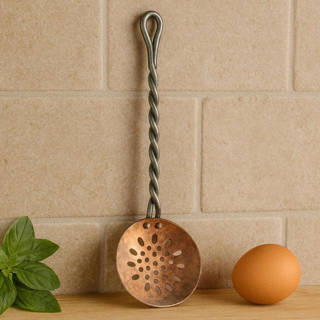 Hand Forged Twisted Iron and Copper Slotted Spoon
