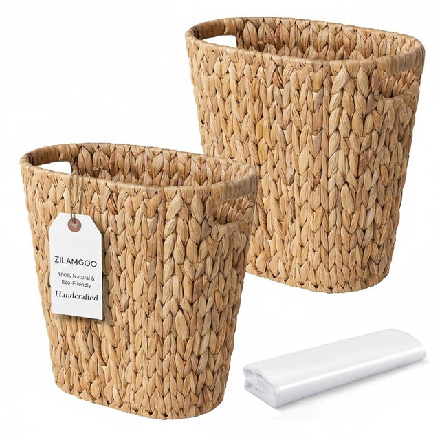2 Pack Handwoven Water Hyacinth Trash Can - Natural Wicker Waste Basket with Wooden Handles, Slim Oval Design for Bathroom, Bedroom, Office (13"x7.5"x12") | Eco-Friendly & Space-Saving Storage Bin (2)