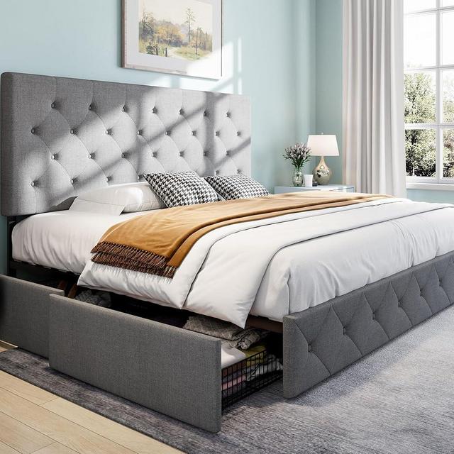 SHA CERLIN Upholstered King Platform Storage Bed Frame with 4 Drawers, Adjustable Headboard with Diamond Button Tufted Design, Wooden Slat Support, No Box Spring Needed, Light Grey