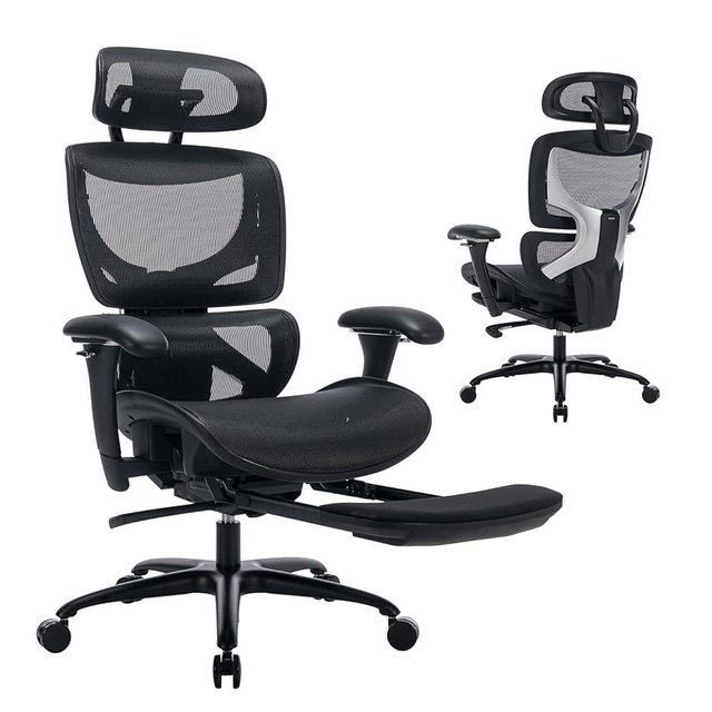 Ergonomic Mesh Office Chair with Footrest, Executive High Back Computer Desk Chair with Wide Headrest and Adjustable 3D Arms, Backrest, Tilt Lock and Lumbar Support-Black