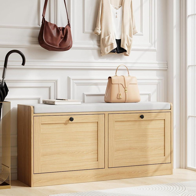 MHOM Oak Modern Entryway Bench with 2 Flip Drawers, Shoe Rack with Padded Seat Cushion, Wooden Storage Bench for Bedroom and Apartment