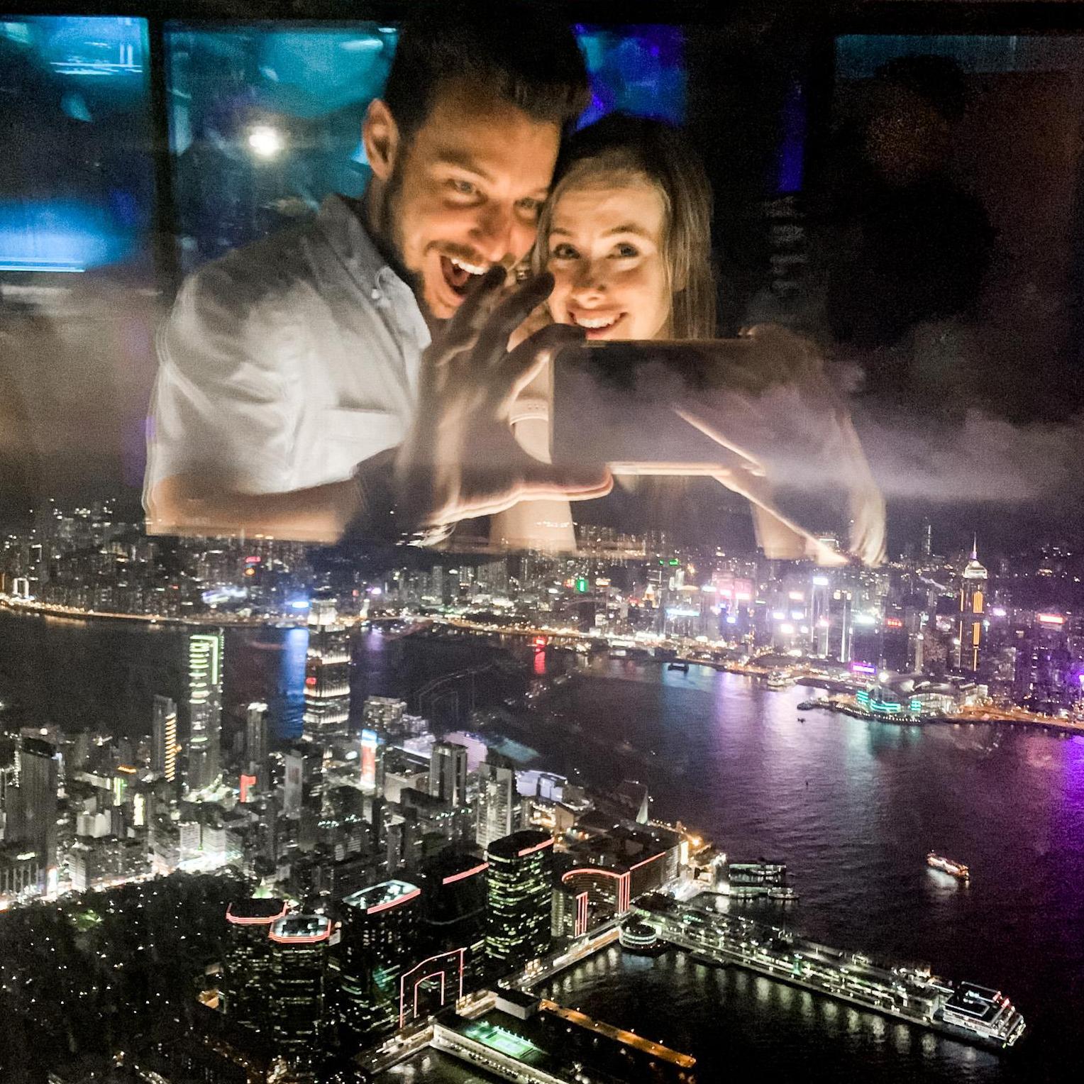 On the flight home from India, we stopped by in Hong Kong the day after the airport shutdown. This is the view from the tallest bar in the world!