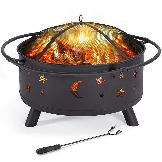 YAHEETECH Outdoor 30 Inch Fire Pit, Metal Firepit Bonfire Wood Burning Heater Stove Backyard Patio Garden Firepit for Outside with Spark Screen and Fireplace Poker, Stars and Moons Design Pattern