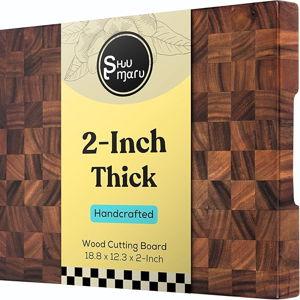 Shumaru Butcher Block Cutting Board - [18.8" x 12.3" x 2"], End-Grain Tropical Walnut Kitchen Chopping Block with Non-Slip Feet, Built-in Handles