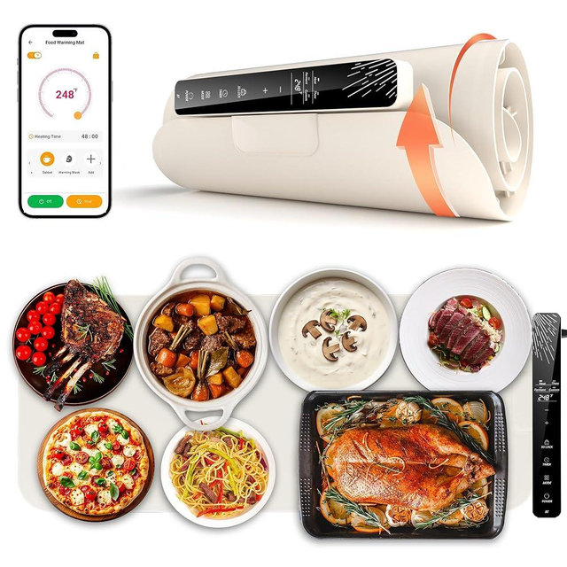Monteka Warming Mat for Food 37"×15", Electric Warming Trays with APP & Button Control, Silicone Fast Heating Mat for Countertop, Rollable Dishwasher Safe Food Warmer for Parties Buffets Home Travel