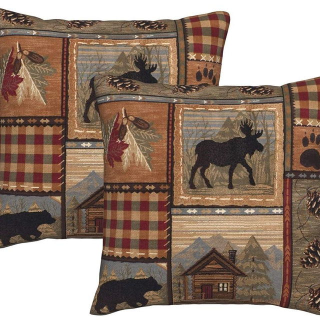 DATANSEN Set of 2 Square 18x18 inch Retro Brown Throw Pillow Covers Rustic Lodge Bear Moose Decorative Throw Pillowcase for Home Sofa Thick Cotton Linen Cushion Cases (45x45 cm) Paw Prints Cabin