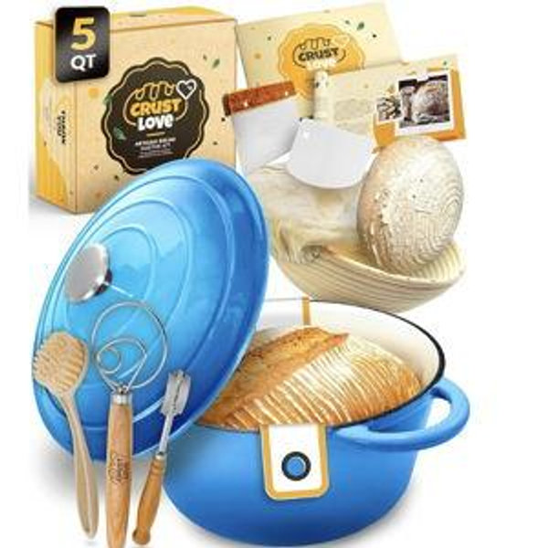 Dutch Oven for Bread Baking - incl. Sourdough Bread-Baking Supplies like Banneton Bread-Proofing Basket - 5QT Enameled Cast Iron Bread-Oven with Lid, Bread-Pan Sour Dough Starter Kit