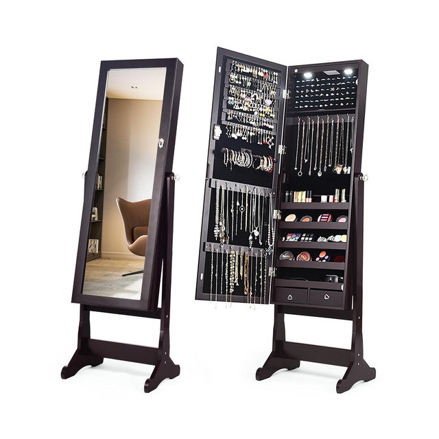 SUGIFT Lockable Mirrored Jewelry Cabinet with Stand and 2 LED Lights