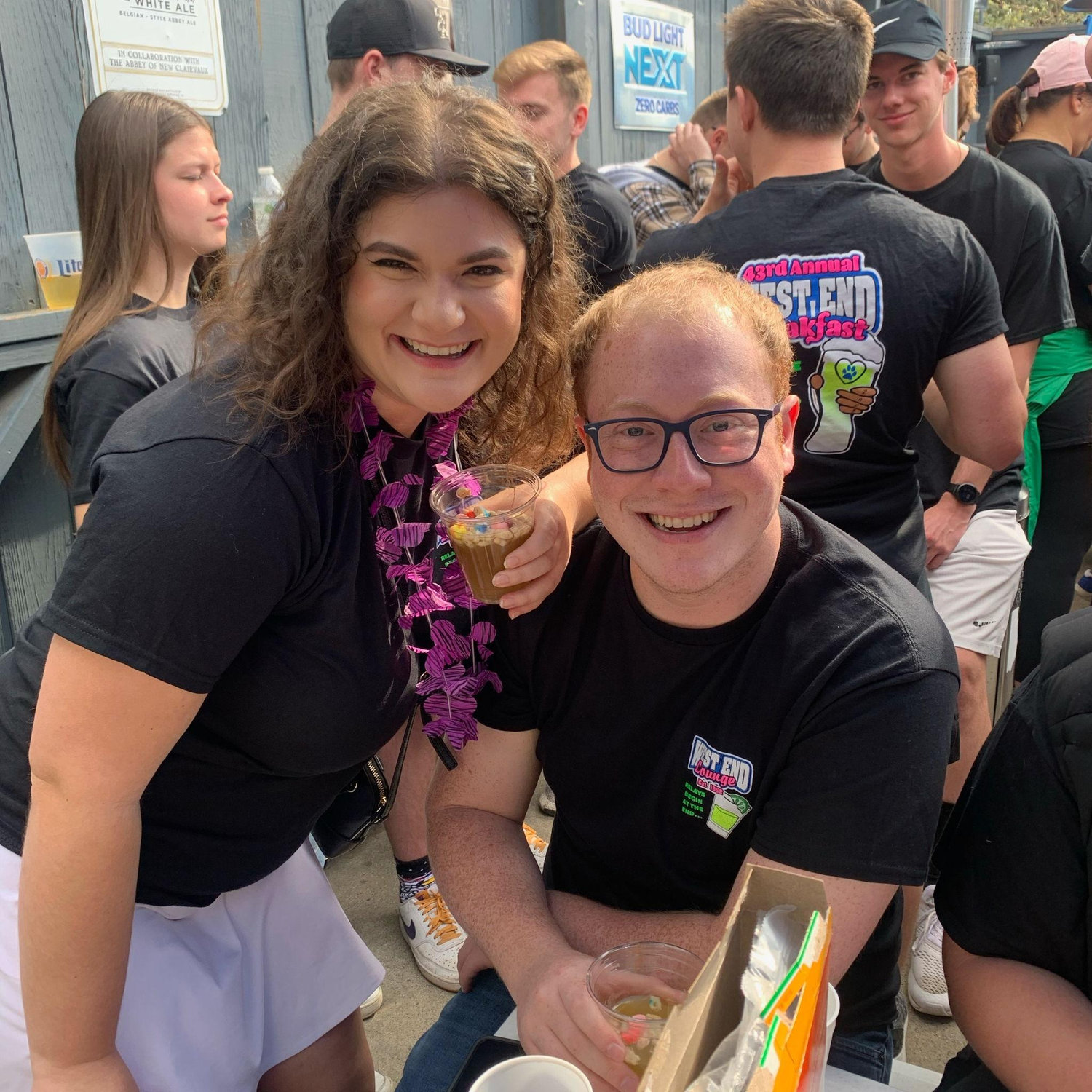 April 2023: Continuing the Drake Relays traditions with their first West End Breakfast as alumni! This is where Leigh and Saylor first got to know each other.