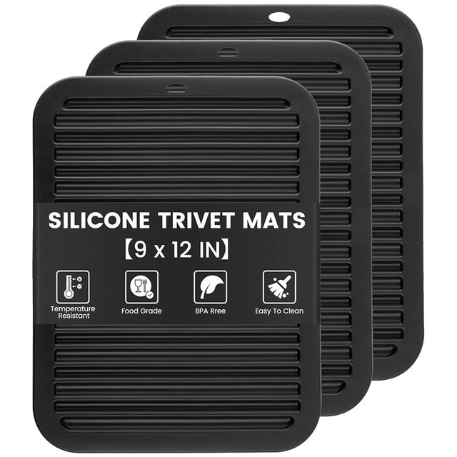 TOPULORS 3 PCS Silicone Trivets for Hot Pots and Pans 9"x12" Heat Resistant Mat Hot Pads for Kitchen Quartz Countertops - Dish Drying Mat Non-Slip Potholders Pot Holders Trivets for Hot Dishes - Black