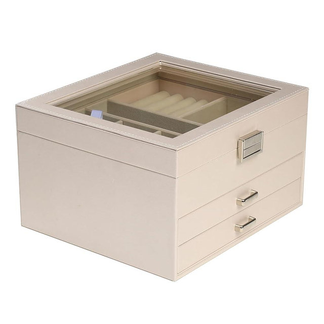 Clear Lid Jewelry Box,3 Layers Jewelry Organizer Large Multi-Functional Jewelry Storage Box with 2 Drawers,Jewelry Display Case of Rings Earrings Necklace Bracelets for Women Girls (Light gold)