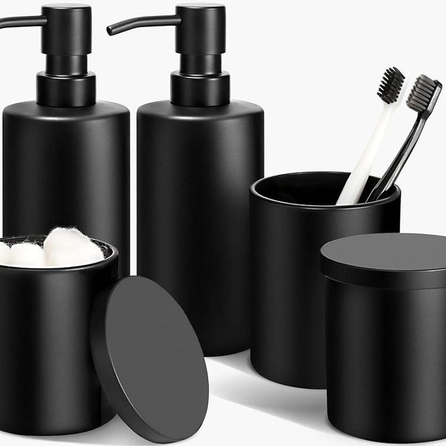 ALPIRIRAL Matte Black Bathroom Accessories Set, 5 Pcs Bathroom Accessories Set, Glass Soap Dispenser and Toothbrush Holder Set, Qtip Holder and Cotton Ball Holder, Modern Bathroom Decor Sets