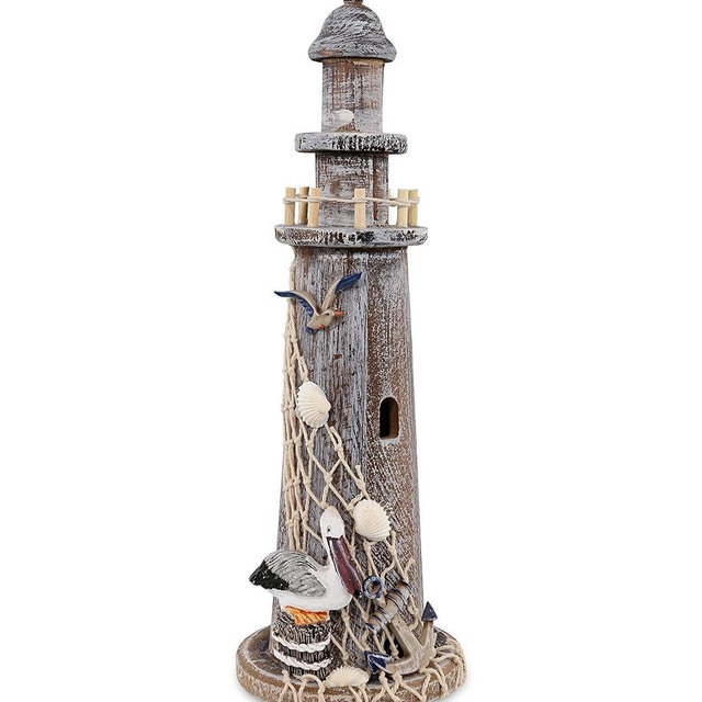 CoTa Global Brown Wooden Lighthouse Decor - Handcrafted Nautical Lighthouse Table Top Centerpiece with Pelican , Fishing Net, Seashells and Anchor Decor, Lighthouse Outdoor Decor - 14.25 Inches