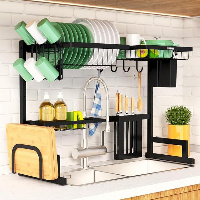 Kitsure Over The Sink Dish Drying Rack - 23.6" to 35"x21.2", Adjustable Drying Rack for Kitchen Sink with Large Capacity, Sink Drying Rack, 2-Tier Dish Rack Over Sink with Multifunctional Baskets