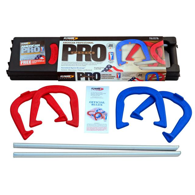 St. Pierre American Professional Series Horseshoes Complete Set: Includes 4 Horseshoes, 24-inch Solid Steel Stakes, Official Rulebook, and Black Plastic Tote