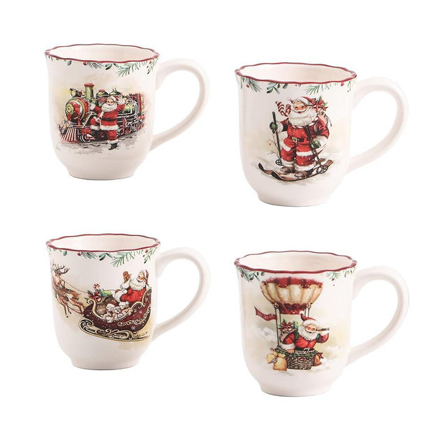 Bico Santa on the Way Ceramic Mug Set of 4, Christmas Coffee Mugs, 16oz Holiday Cups for Tea, Cocoa, or Hot Drinks, Microwave & Dishwasher Safe