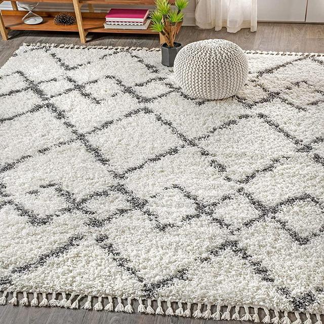 JONATHAN Y MCR102B-8 Mercer Shag Plush Tassel Moroccan Tribal Trellis Geometric Indoor Area Rug Bohemian Contemporary Easy Cleaning Bedroom Kitchen Living Room, 8 X 10, Cream/Grey