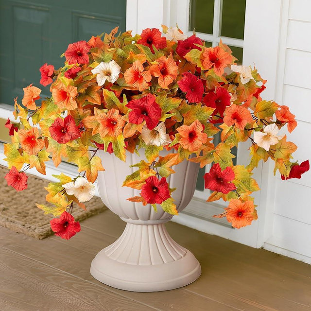 Ammyoo Artificial Fall Flowers Fake Petunias Plants for Outdoor Decoration, 2 Pcs Silk Faux Flowers UV Resistant No Fade Plants for Garden Balcony Yard Porch Realistic Indoor Decor (Orange White)