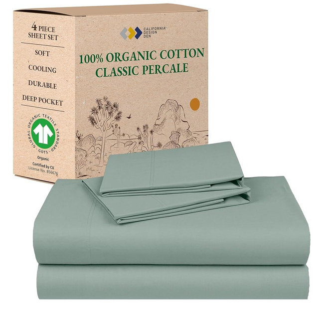 California Design Den Soft 100% Organic Cotton Sheets Queen Size Set - Crisp and Cool Percale Sheets Queen, Deep Pockets with Anti-Skid Elastic, Breathable and Durable Bedding Set - Sage Green