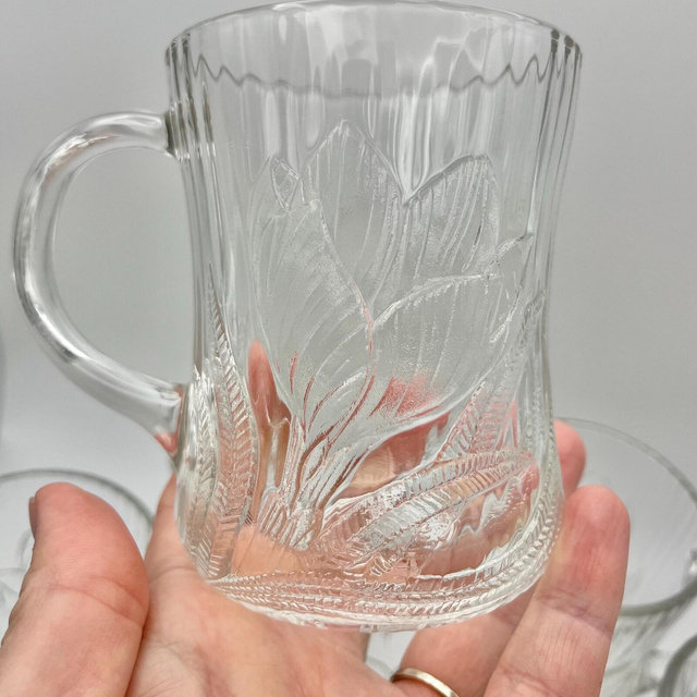 Set of 8 Vintage Arcoroc France Glass Embossed Canterbury Crocus Tulip Floral Mugs