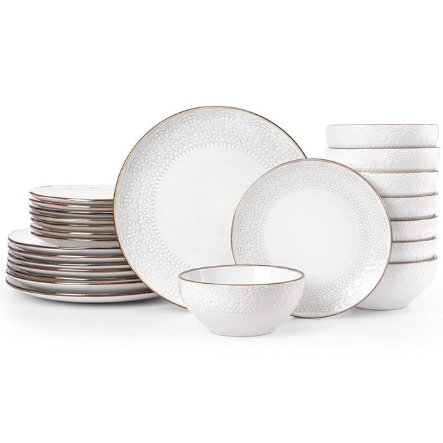 Famiware Eden Plates and Bowls Sets, Stoneware Dinnerware Sets with Gold Trim, 24 Pieces Dishes Set for 8 - Chip and Scratch Resistant, Microwave and Dishwasher Safe, White Floral