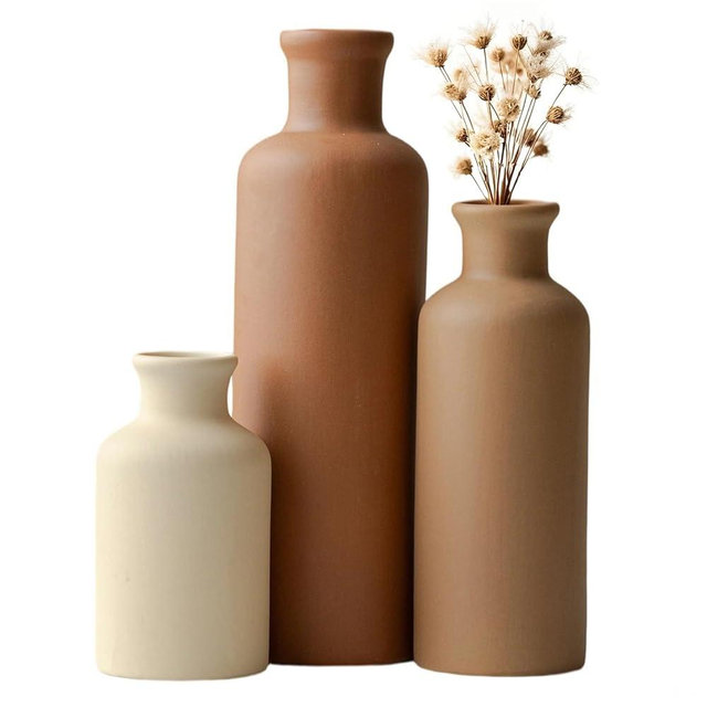 Modern Ceramic Vase Set of 3, Neutral Colors, Decorative Bottles for Home, Earth Tone Farmhouse Rustic Decor (Coffee Mix)
