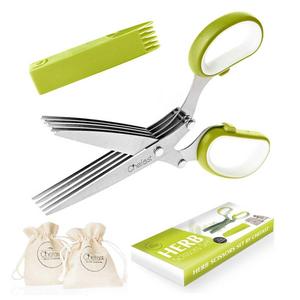 Herb Scissors Set by Chefast - Multipurpose Cutting Shears with 5 Stainless Steel Blades, 2 Jute Pouches, and Safety Cover with Cleaning Comb - Cutter/Chopper / Mincer for Herbs - Kitchen Gadget