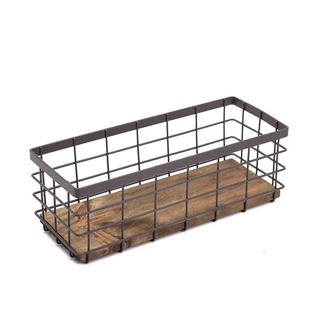 Metal Wire Storage Basket, Detachable Wood Base Storage Organizer Bin Basket for Kitchen Cabinets, Bathroom, Pantry, Garage, Laundry Room - Brown