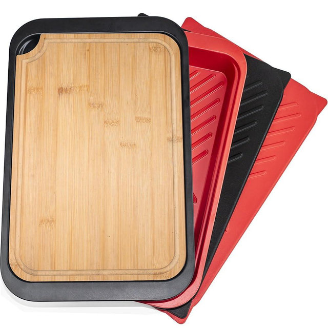 Czlizdyt Bamboo Grilling Prep and Serve Trays with lid, BBQ Tray for Marinating Raw and Cooked Food, Diswasher Safe Nesting Trays Black in Red