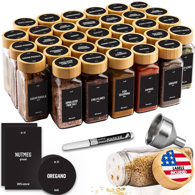 Deco haus Glass Spice Jars with Bamboo lids 36set [LABELS incl] Spice Containers with Labels, Funnel & Chalk Marker - Empty Herb Seasoning Containers, Small Seasoning Bottles for Herb with Wooden Lid
