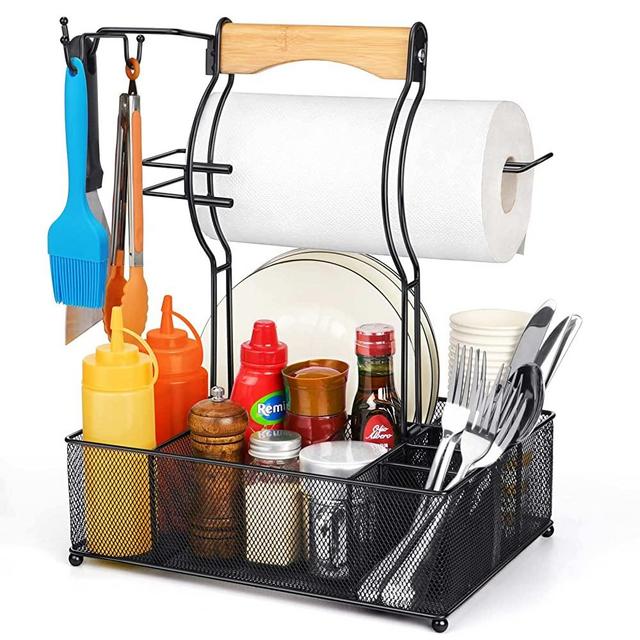 Grill Utensil Caddy, Picnic Condiment Caddy, BBQ Organzier for Camping, Outdoor Mesh Basket with 3 Hanging Hooks and Paper Towel Holder, Ideal Table Storage Tools for Paper Plate, Cutlery
