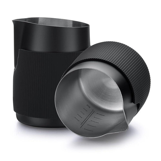Normcore Handleless Milk Pitcher - Espresso Steaming Pitcher with Round Spout - 18/8 Stainless Steel Milk Frothing Jug, Black Non-Stick - Coffee Latte Frothing Pitcher - 20.3 oz (600 ml)