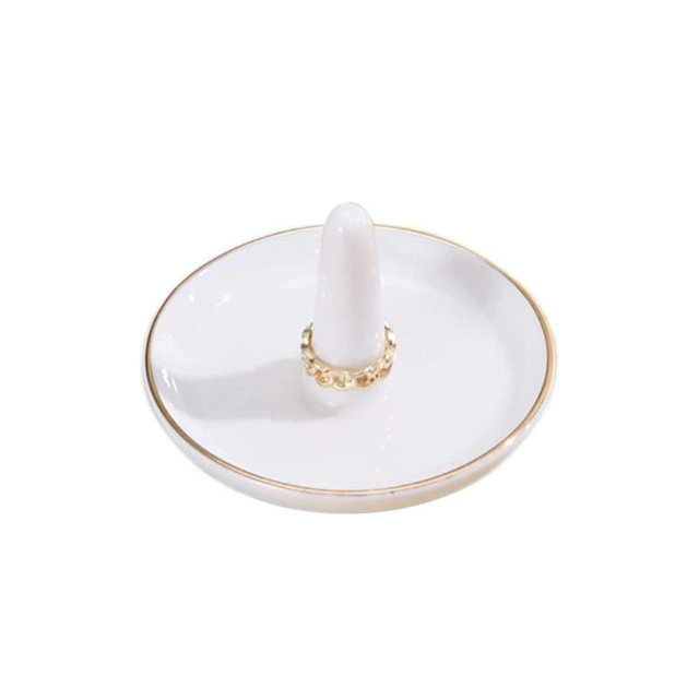 oskas Round Ring Tray Holder, Decorative Porcelain Ornament Jewelry Tray for Rings, Earrings, Necklaces, 4 Inch, Engagement Wedding Birthday Mother's Day Christmas Gift, Ceramic White with Gold Trim