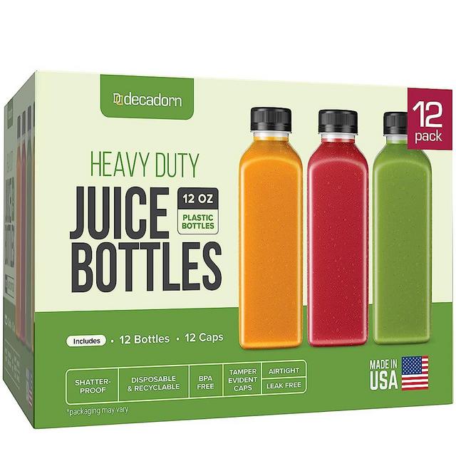 DECADORN 12oz Plastic Bottles With Caps - 12 Pack Plastic Juice Bottles For Juicing - Empty Juice Containers With Lids For Fridge - MADE IN USA Clear Reusable Bottles With Lids - drink container
