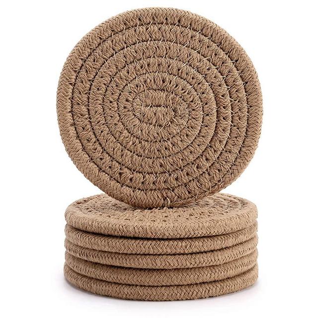 6Pcs Drink Coasters, ABenkle Stylish Handmade Braided Drink Coasters (4.3inch), Super Absorbent Heat-Resistant Round Coasters for Drinks, Great Housewarming Gift （Brown）