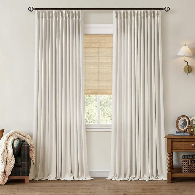 TWODRAPES Pinch Pleated Natural Linen Semi Sheer Curtains 105 Inches Long | Memory Trained, Pinch Pleat with Back Tab, Light Filtering Non See Through, Living Room Bedroom Farmhouse Window Drapes