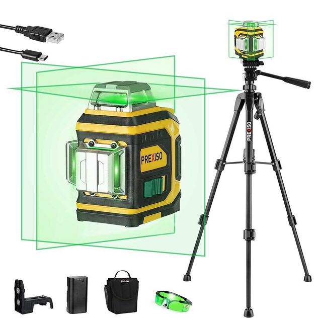PREXISO Laser Level 3 X 360° Self Leveling - Rechargeable Cross Line Leveler, Green Line Laser Level with Tripod, Magnetic Base, Green Glasses, Portable Bag for Construction, Tile, Home Renovation