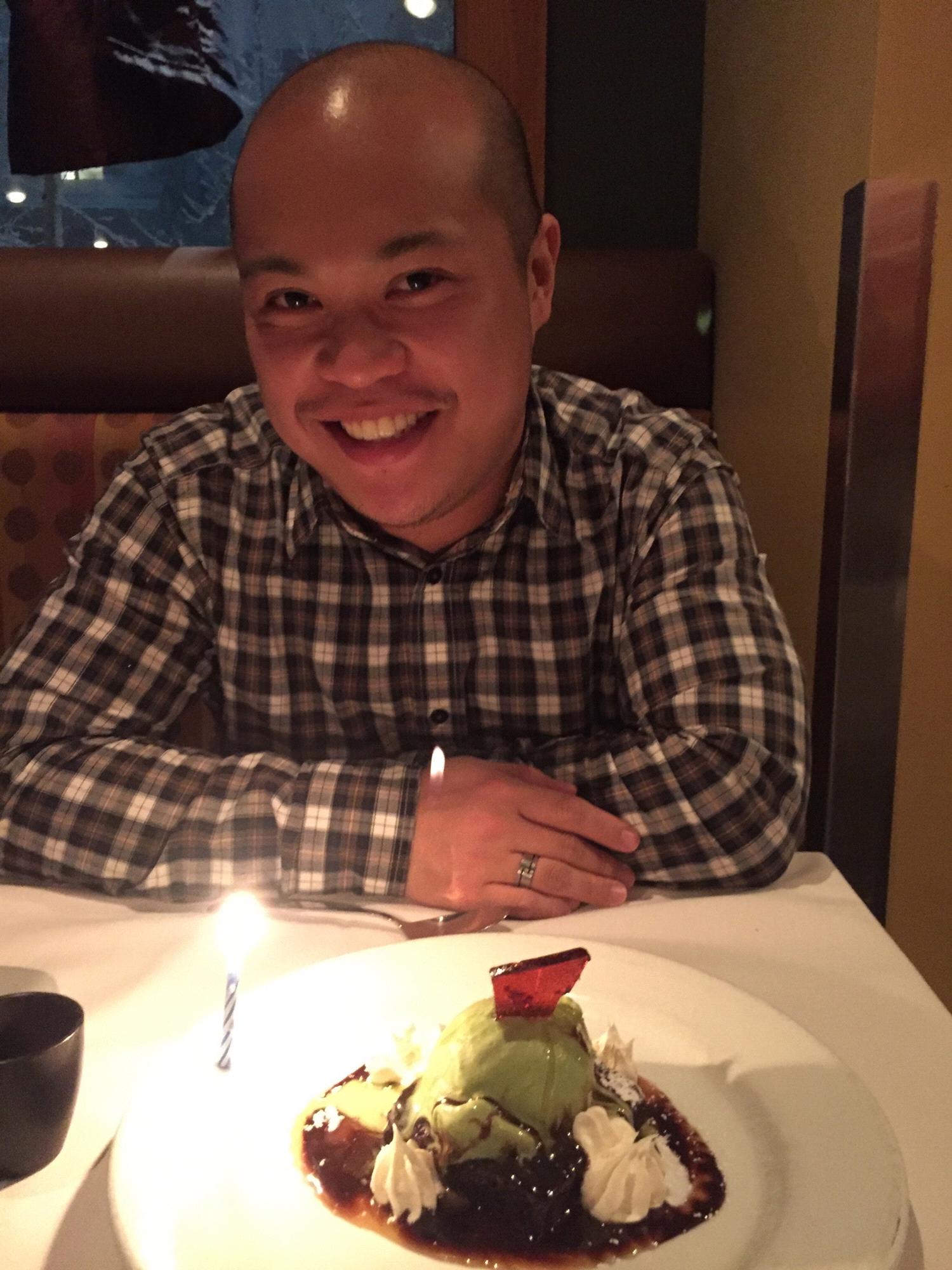 Eddie with his birthday dessert that Jeff surprisingly liked! It was a jalapeno brownie with ice cream. Lake Tahoe, CA.