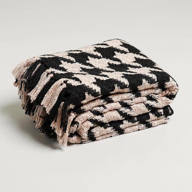 Boucle Home Light Brown and Black Off White Houndstooth Throw Blanket | Large 55” X 67” Inches | Acrylic Couch and Bed Throw Blanket | Interior Home Decor Design