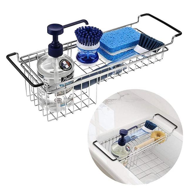 Kitchen Sink Caddy Sponge Holder, Dish Sponge Organizer Caddy for Kitchen Sink, Expandable(13.3''-18.3'') Brush Soap Drying Rack - Stainless Steel