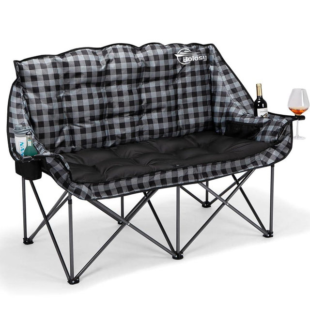 Bolosy Padded Double Camping Chair Folding Loveseat 2 Person Camp Chair Heavy Duty Lawn Chairs Camping Couch Outdoor Folding Sofa