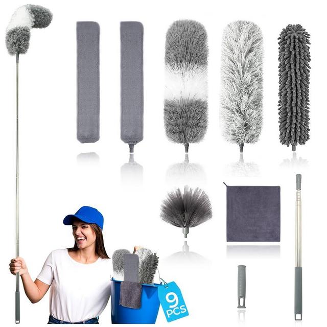 9Pcs Dusters for Cleaning Kit, Extendable Microfiber Duster Tools with 100" Long Pole, Retractable Gap Bendable Dust Cleaner, Reusable Washable Cleaning Supplie for Ceiling Fan Furniture Cars and Home