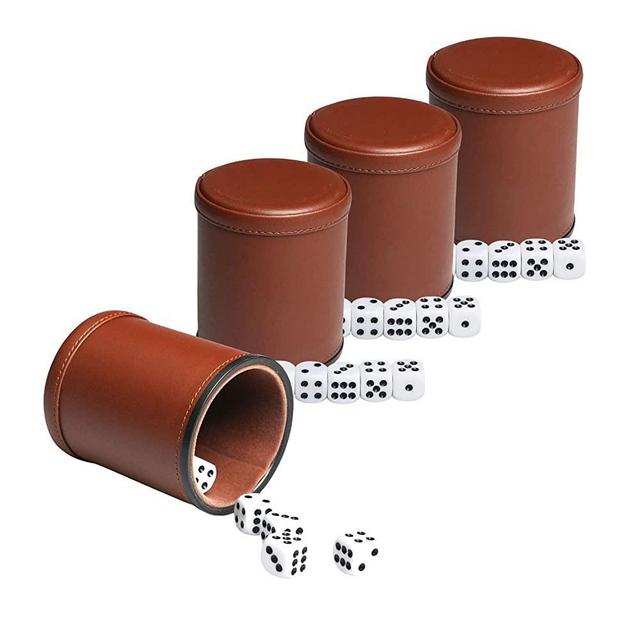 Leather Dice Cup Set Felt Lining Quiet Shaker with 5 Dot Dices for Farkle Yahtzee Games,4 Pack (Brown)