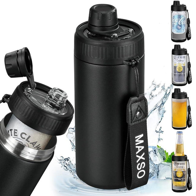 MAXSO Sealed Can Cooler Fizz Lid Can Cover for 12 oz Regular, Slim Skinny Cans & As Thermal Bottle, 4-in-1 Insulated Vacuum Stainless Steel Carbonated Cold Drink Holder - Black